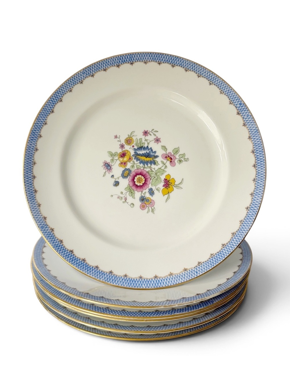 Vintage Charles Ahrenfeldt Limoges Blue Lattice Floral Dinner Plates Set of 6
